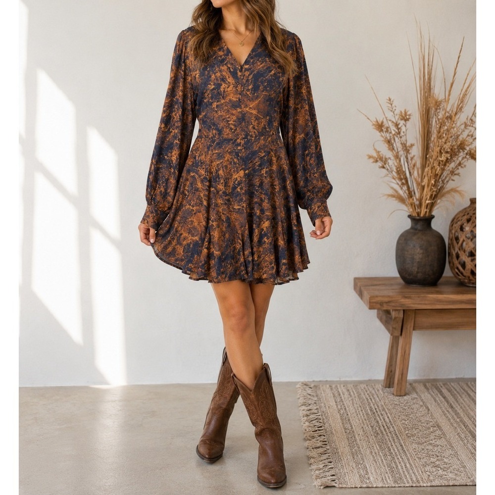 Saint + Sofia Mini Dress Brown Abstract Marble Print Long Sleeve 10